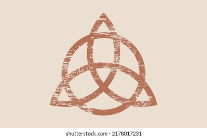 Ancient Triquetra, Trinity Knot, Wiccan symbol for protection. Grunge Celtic old sign. Wiccan divination symbol, occult symbols, sacred geometry vector isolated on vintage background