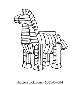 antiguo caballo de Troya hecho de tablas de madera, legendarias tácticas de guerra, concepto de virus computacional, ilustración vectorial con líneas de contorno negro aisladas en un fondo blanco en un doodle y estilo dibujado a mano