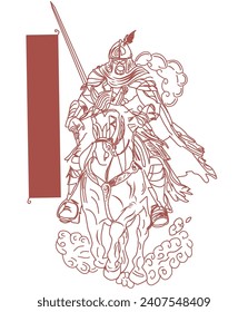 Una antigua tropa dibujó valientemente su espada en un dibujo gráfico de un vector de caballos