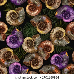 Ancient tropical forest seamless pattern. Ammonite fossil and palm leaves. Embroidery. Archeology and paleontology background. Prehistoric concept. Template for clothes, print 
