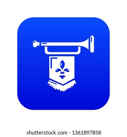 Ancient trumpet with flag icon blue vector isolated on white background