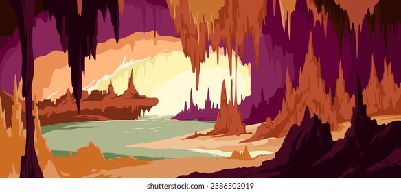 Ancient tunnel with stone cliffs and pond, rocky formation for spelunking adventure cartoon. Cave landscape with natural sand stalagmites and stalactites, blue underground lake.