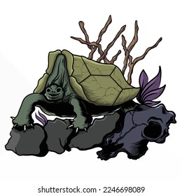 Ancient Turtle on rock Vector Illustration
