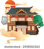Ancient two-story building with lanterns and plants
