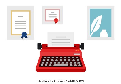 The ancient typewriter with certificate, diploma vector illustration in flat design.