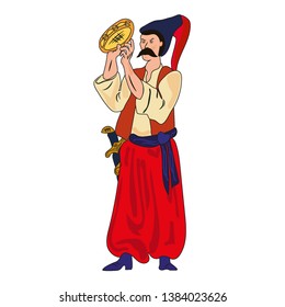 Ancient Ukrainian warrior with a drum in a right arm, isolated on a white background