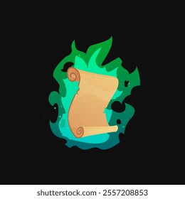 An ancient unrolled scroll engulfed in magical green flames of fire, isolated on a black background. Antique parchment. Old papyrus. Magic manuscript. Witchcraft. Mystery knowledge Vector illustration