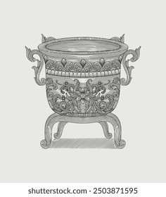 Ancient vase with floral ornament, vintage engraving drawing style illustration