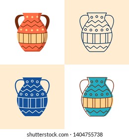 Ancient vase icon set in flat and line style. Antique pot or jar symbol. Vector illustration.