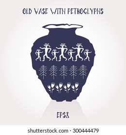 Ancient vase with the image of deer, plants and arrow. Vector illustration.