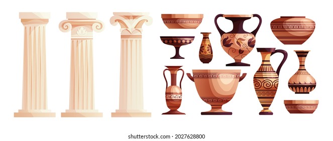 Ancient vases and Greek columns. Ancient Roman pillar. Ceramic archaeological pot. Antique traditional clay jar for wine. Vector cartoon illustration. 