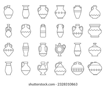 Ancient vases and jugs set. Vector illustration ceramic vases with geometric decor. Bowl icons set in line art. Boho style ceramic vases in minimalist style for logo, postcard, posters, posts, stories