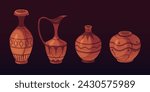 Ancient vases set isolated on black background. Vector cartoon illustration of antique pottery, vessels with cracks and ornament patterns, brown clay jar, amphora, ceramic urn, history museum exhibits