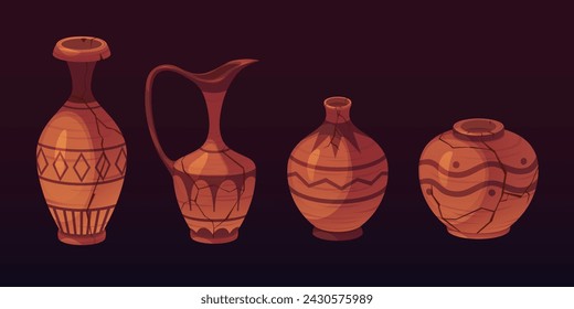 Ancient vases set isolated on black background. Vector cartoon illustration of antique pottery, vessels with cracks and ornament patterns, brown clay jar, amphora, ceramic urn, history museum exhibits