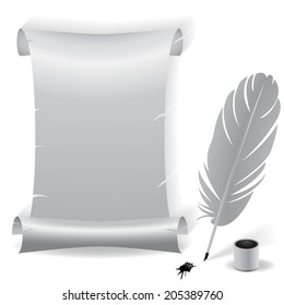 Ancient vector blank aged worn paper scroll with grey coloring and ragged torn edges with feather,pen and inkwell and ink blot on a white background with shadow and copyspace for your message 