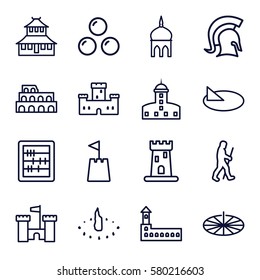 ancient vector icons. Set of 16 ancient outline icons such as castle, mosque, Coliseum, temple, abacus, castle tower, caveman, sundial, knight