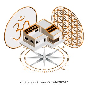 Ancient Vedic Conception. Symbol Flower of Life. Mandala. Cardinal Directions. Vastu Shastra Building Art of Adjusting the House by the Divine Laws. Science of Architecture. 