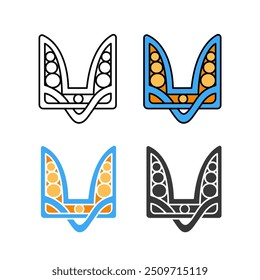 Ancient version of the Ukrainian State Emblem Trident in line, colorful, monochrome styles.