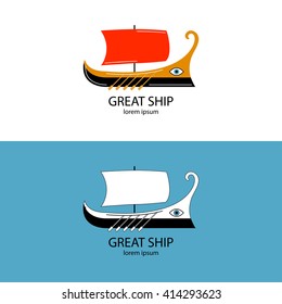 Ancient vessel with red sail. Logo. Vector illustration.