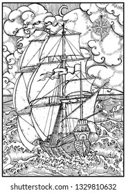 Ancient vessel under full sail against stormy sea landscape in frame. Vector nautical illustration, historical adventure concept, t-shirt graphic design