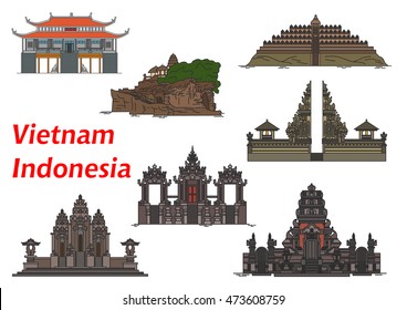 Ancient vietnamese buddhist Vinh Nghiem Pagoda symbol with indonesian buddhist Borobudur and Pulaki Temples, complex of temples Pura Besakih, Tanah Lot Temple, Pura Rambut Siwi and Petitenget Temple