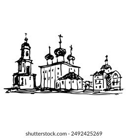 Ancient view of Cathedral Square with Transfiguration Cathedral and bell tower in Tver, Russia. Orthodox architectural ensemble. Hand drawn linear doodle rough sketch. Black and white silhouette.