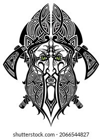 Ancient viking head in a circle with scandinavian ornament logo for mascot design.