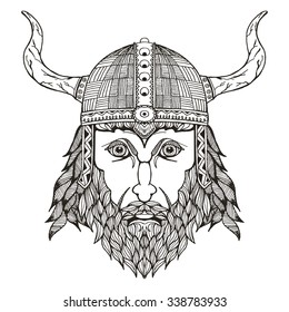 Ancient viking head. Helmet with horns. Zentangle stylized. Vector illustration. Freehand pencil. Hand drawn. Pattern. Isolated.