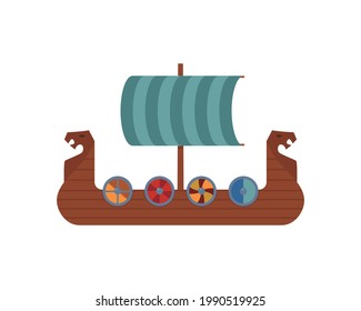 Ancient Viking Scandinavian Draccar, Norway Long boat with Dragon Head Cartoon Style Vector Illustration