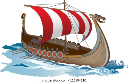 Ancient Viking ship with soldiers on board sails through the waves