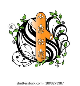An ancient Viking sign, a black and white rune tattoo depicting a symbol of overcoming obstacles, a protective rune against a floral print background