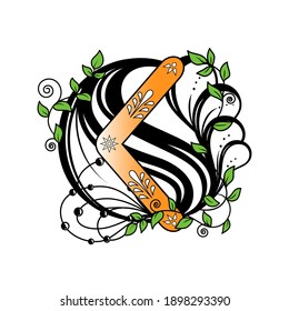An ancient Viking sign, a black and white tattoo with runes depicting a symbol of energy, creativity, a rune of inspiration on a floral print background
