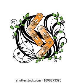 An ancient Viking sign, a black and white tattoo with runes depicting a symbol of fate and help in business, bringing great profit against a floral print background