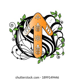 An ancient Viking sign, a black and white tattoo with runes depicting a symbol of warrior courage, quick recovery, overcoming obstacles against a floral print background