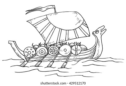 Ancient Vikings on boat - hand drawn vector illustration, isolated on white