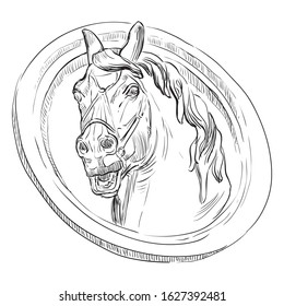 Ancient vintage bas-relief in the form of a head of horse, vector hand drawing illustration in black color isolated on white background