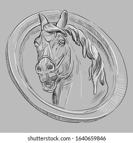 Ancient vintage bas-relief in the form of a head of horse, vector hand drawing illustration in black and white colors isolated on grey background