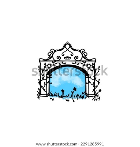 ancient vintage gate to heaven. View on the blue sky art vector illustration