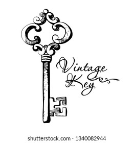 Ancient vintage key with forging. Hand drawn engraving style illustrations.
