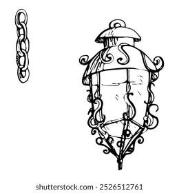 Ancient vintage lantern, iron cast ornate street light gas lamp with chain. Hand drawn ink vector illustration, city urban decor. Single element isolated on white. Design travel, vacation, brochure