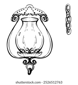 Ancient vintage lantern, iron cast ornate street light gas lamp with chain, city urban decor. Hand drawn ink vector illustration. Single element isolated on white. Design travel, vacation, brochure