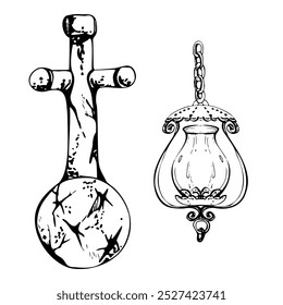 Ancient vintage lantern, iron cast ornate street light gas lamp with chain, stone church cross. Hand drawn ink vector illustration. Single element isolated on white. Design travel, vacation, brochure