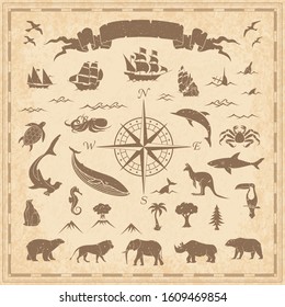 Ancient Vintage Retro Map Maritime Animal Nature Element Set - Vector