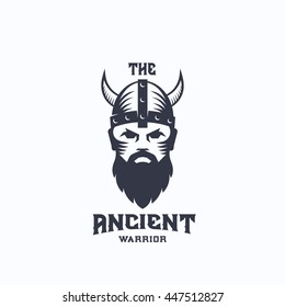 Ancient Warrior Abstract Vector Logo Template. Viking Symbol. Medieval Fighter in Horned Helmet. Bearded Soldier Face Icon with Retro Typography. Isolated.