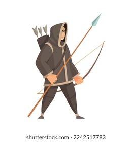 Anciano cazador de chuckchi guerrero con arco y flechas ilustración vectorial plana