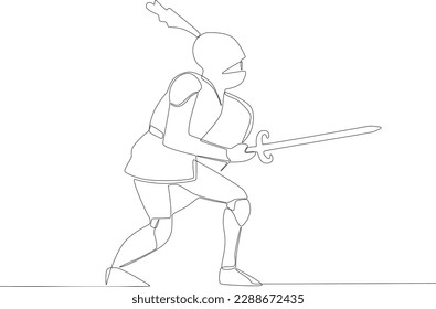 An ancient warrior directs his sword against an opponent. Ancient warrior one-line drawing