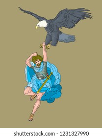 Ancient warrior and eagle. Vector illustration of an ancient battling with an eagle.