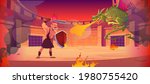 Ancient warrior fights against dragon on arena. Fighting amphitheater with gladiator with sword and shield and flying fire breathing magic beast. Vector cartoon fantasy illustration