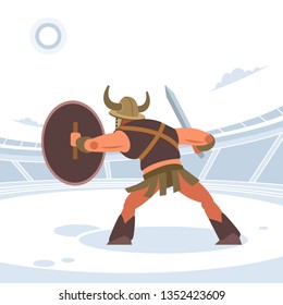 An ancient warrior or Gladiator in battle waiting to attack. Rear view. Vector isolated illustration. Flat cartoon style.