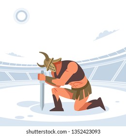 An ancient warrior or Gladiator greets his master in the arena. Vector isolated illustration. Flat cartoon style.